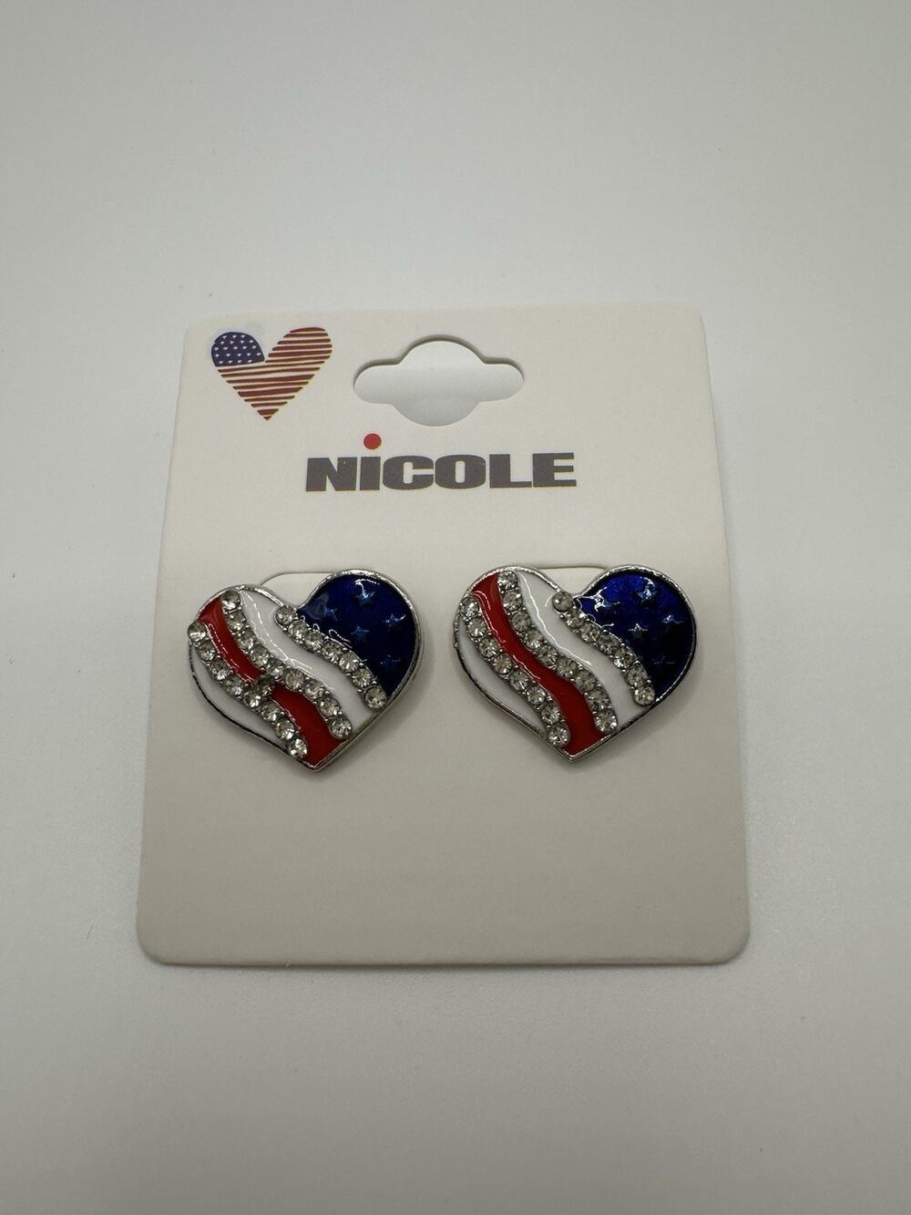 NWT Nicole American Flag Rhinestone Heart Stud Earrings 75”W